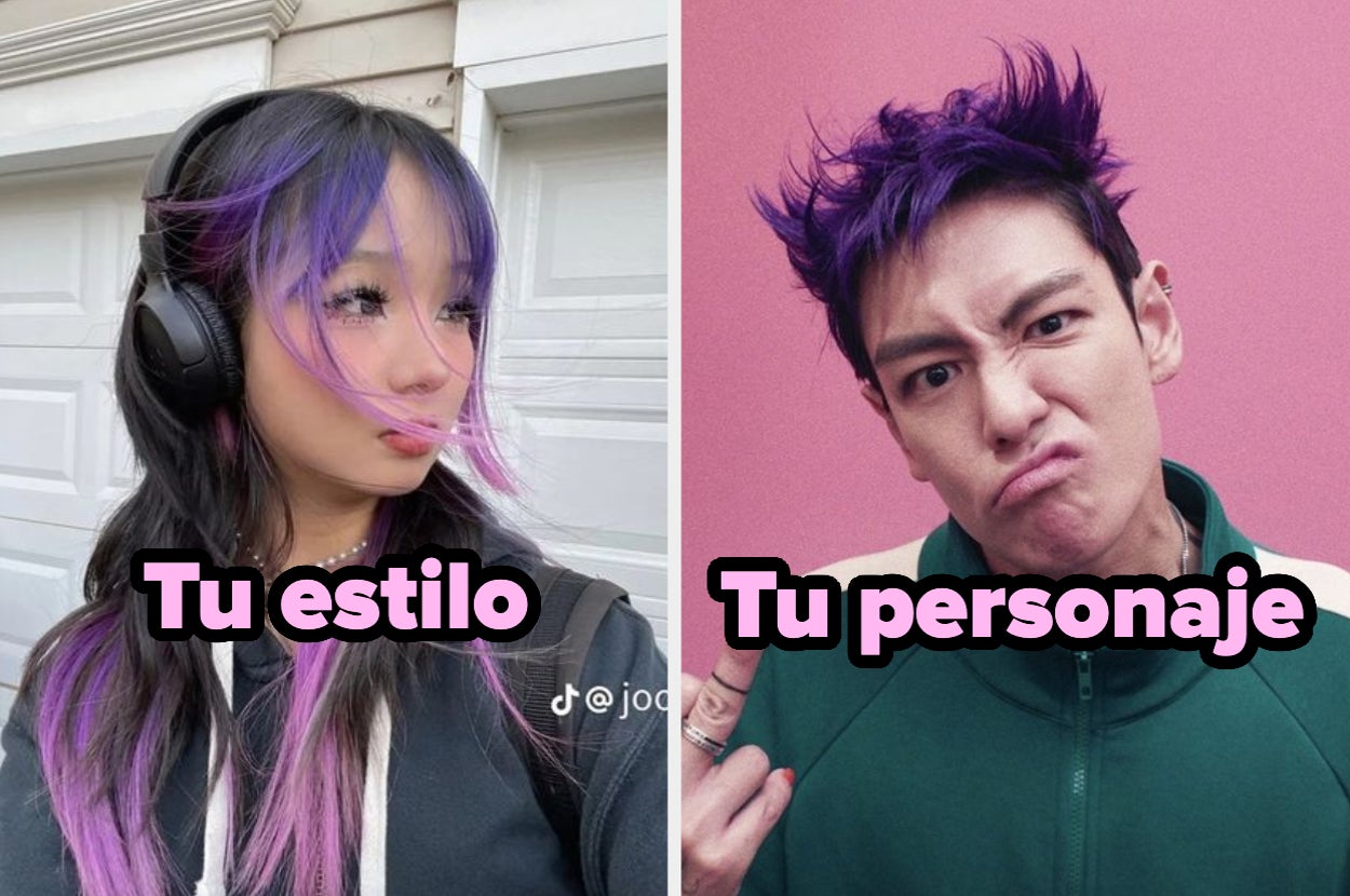 Dos personas con cabello teñido de púrpura en estilos diferentes. Texto: "Tu estilo" y "Tu personaje"