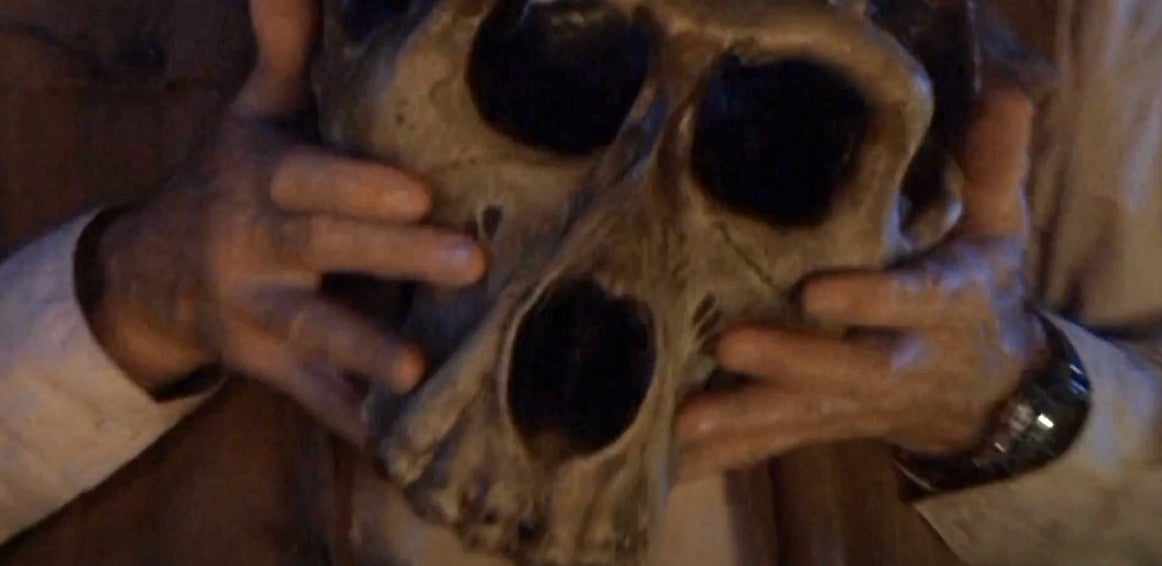 A person holds an ancient-looking skull with large eye sockets, evoking a sense of mystery and history