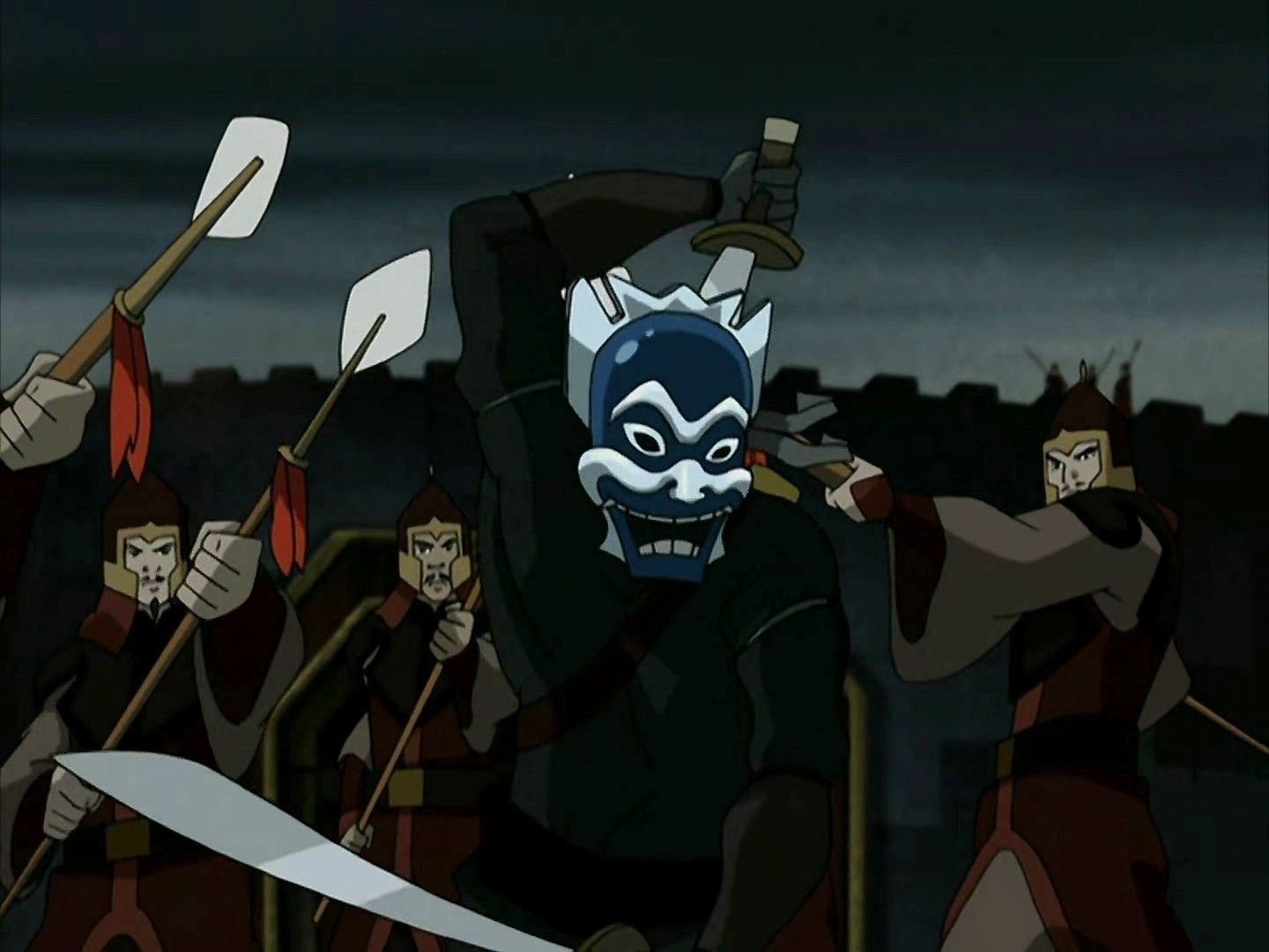 Animated character with a blue and white mask wields swords, surrounded by armed guards. Scene suggests action and tension