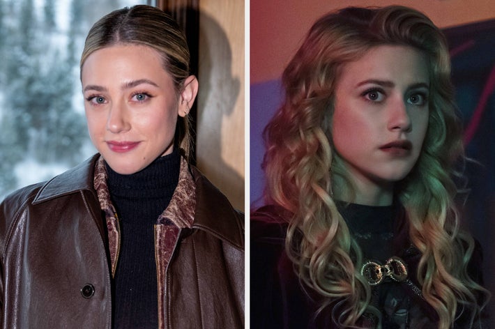 Two side-by-side images of a woman: left in a leather coat with sleek hair, right with curly hair in a dramatic scene
