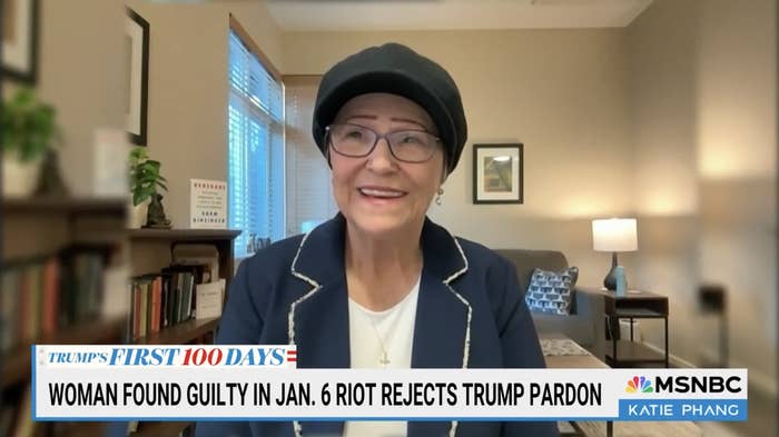 Person in a hat and glasses speaks in a home office setting on MSNBC's Katie Phang show. News text: Woman found guilty in Jan. 6 riot rejects Trump pardon