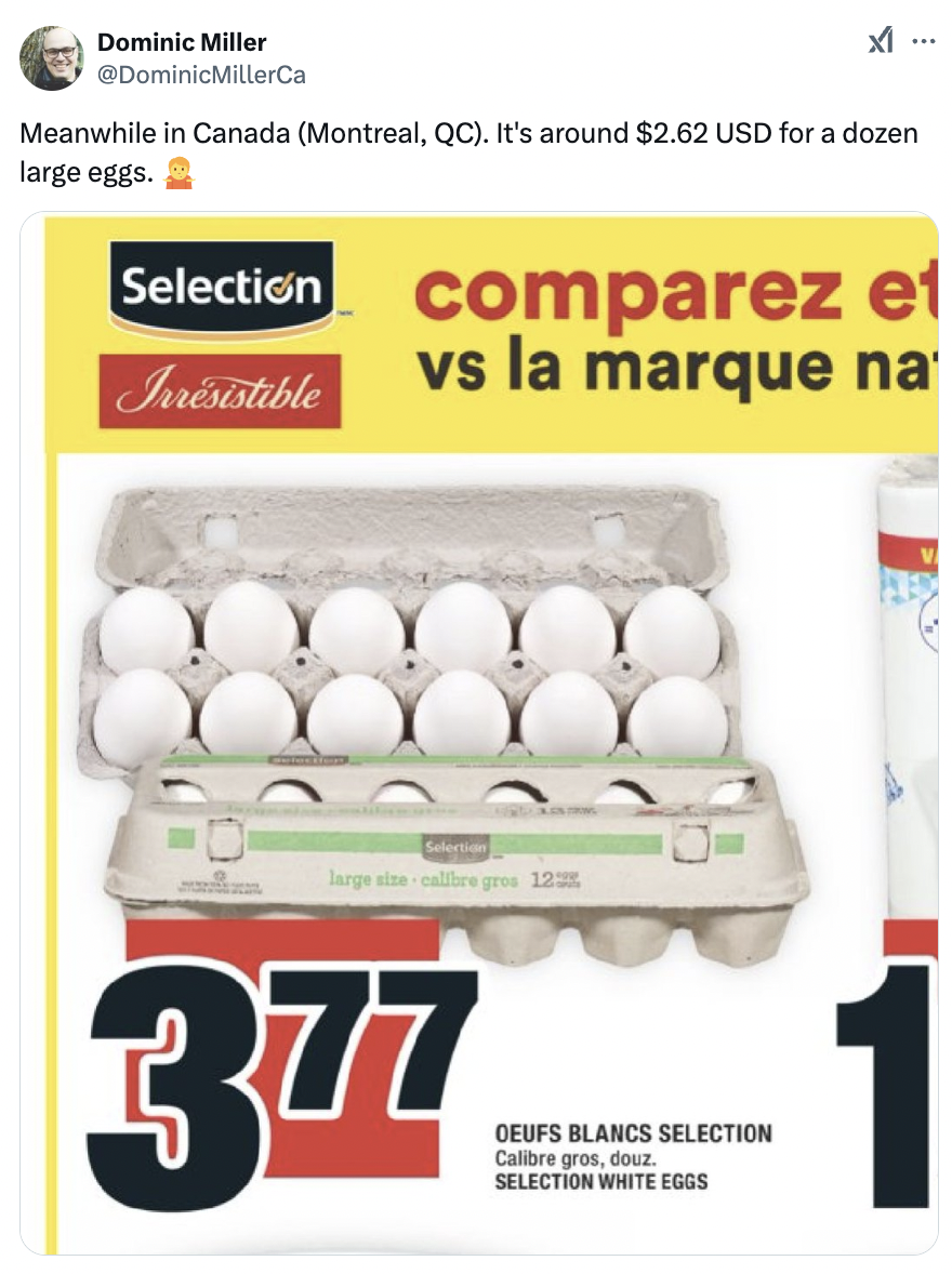 Tweet showing a carton of eggs priced at $3.77 Canadian. Text notes price comparison with $2.62 USD for a dozen large eggs in Montreal, QC