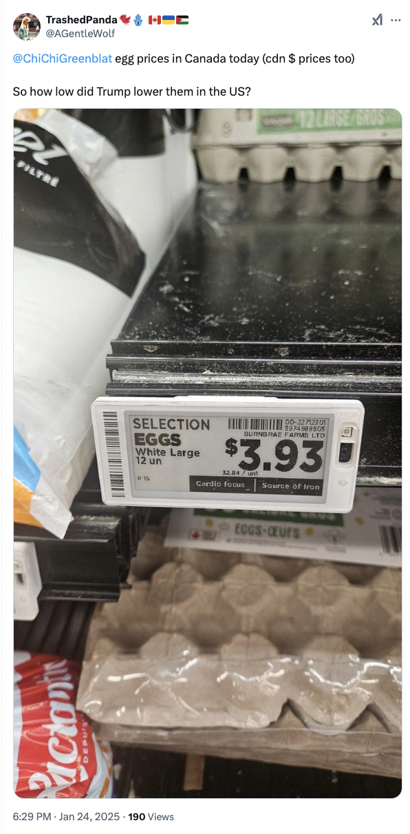 Grocery store shelf showing a price tag for eggs at $3.93, with empty egg cartons below. Tweet by user TrashedPanda questions U.S. egg prices