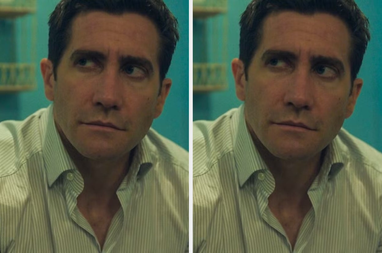 A person in a casual button-up shirt glances sideways, captured in two nearly identical portraits in a relaxed indoor setting