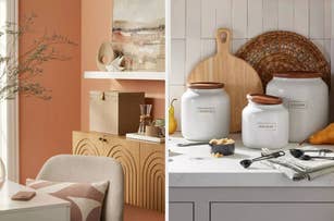 Left, a boho-chic home office with stylish file storage; right, a kitchen with ceramic storage canisters with wooden lids on a countertop with modern, minimalist decor