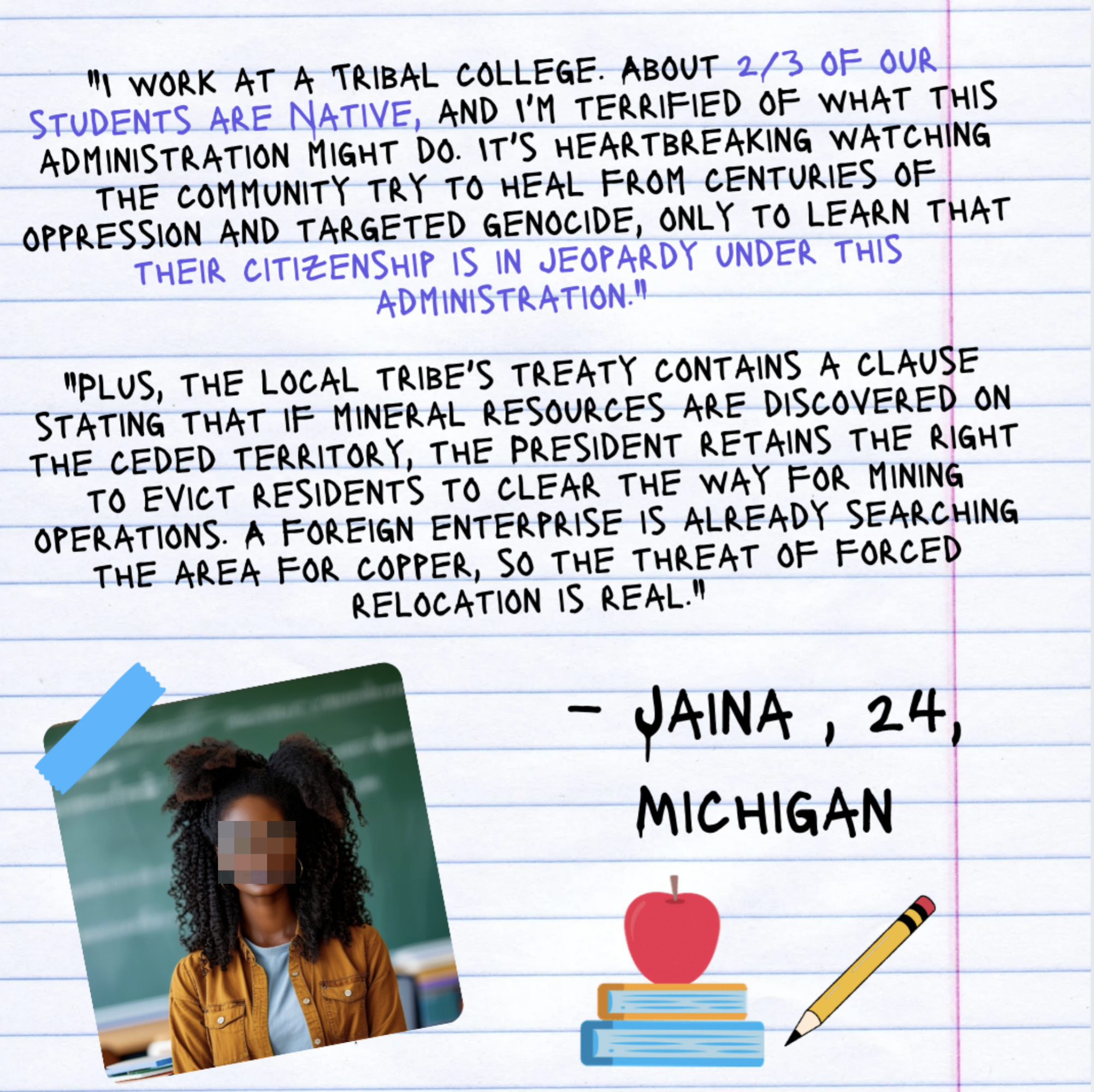 Sammendrag av tekst: En kvinne fra Michigan snakker om trusler mot innfødte studenter og stammesuverenitet under administrasjonen, og en traktatspørsmål med kobbergruvedrift