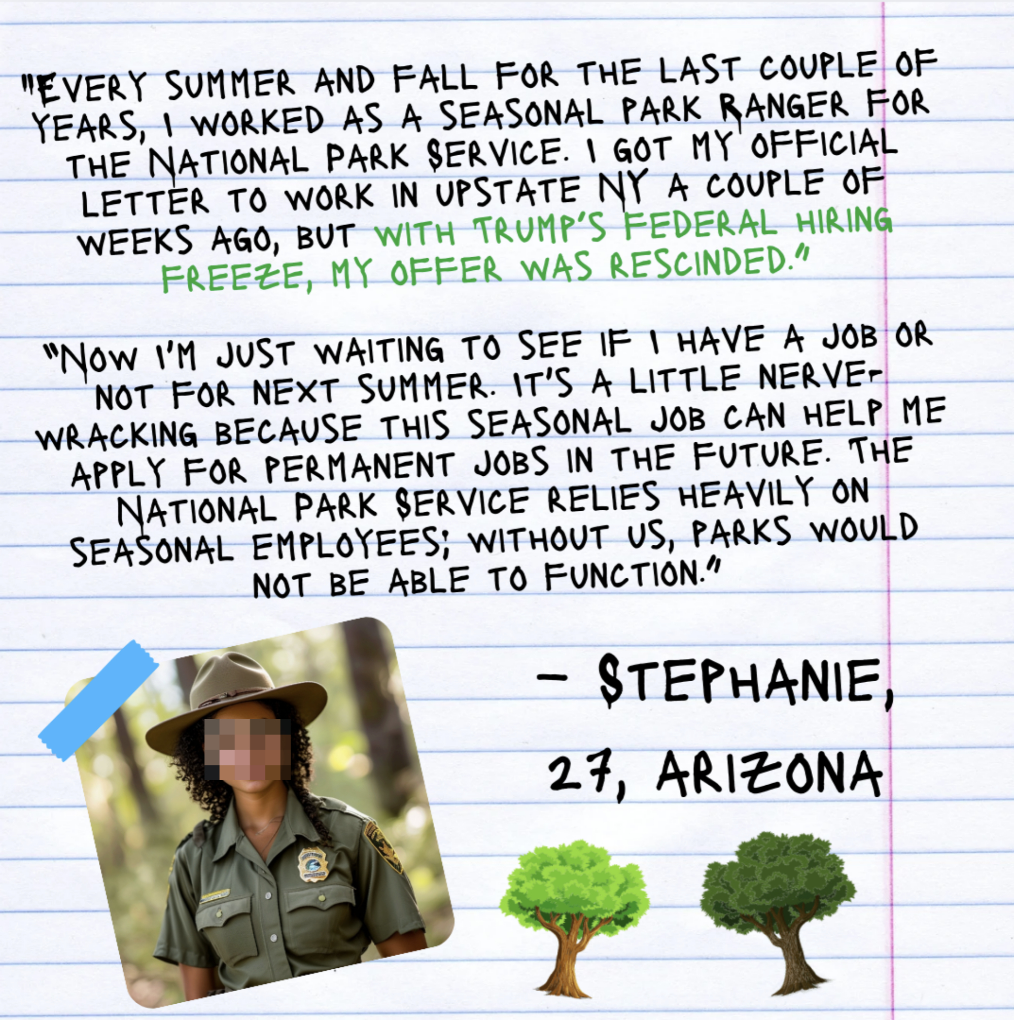 Stephanie, 27, fra Arizona diskuterer jobbusikkerhet som nasjonalpark Ranger på grunn av en ansettelsesfrysing som påvirker sesongbaserte sysselsettingsmuligheter