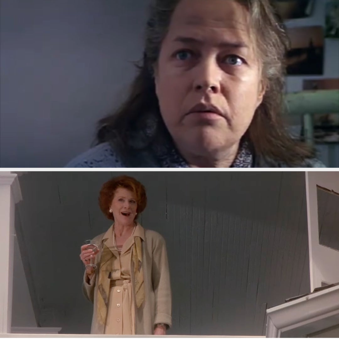 Two scenes from a movie featuring women, one looking alarmed with a sweater, the other smiling, holding a glass, and wearing a robe-like outfit