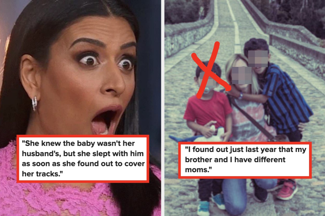 Shocked reaction captioned "She knew the baby wasn't her husband's, but she slept with him as soon as she found out to cover her tracks" and family photo with faces blurred captioned "I found out just last year that my brother and I have different moms"