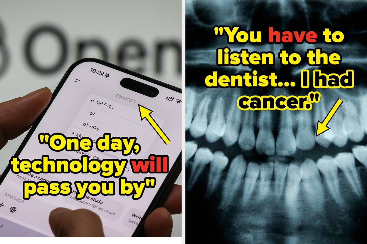 A smartphone screen displays a chat about GPT-4.0; adjacent is a dental X-ray with text discussing the importance of listening to the dentist