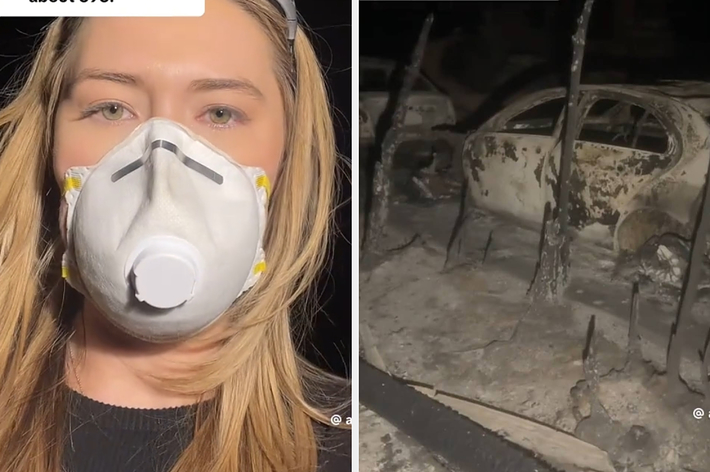 女性がマスクをして立つ。上に「E Calaveras付近にいますか？696について情報を求めています。」とのコメントがあります。