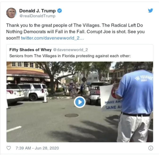Tweet from Donald Trump thanking The Villages in Florida, referencing "Do Nothing Democrats." Video linked of seniors protesting