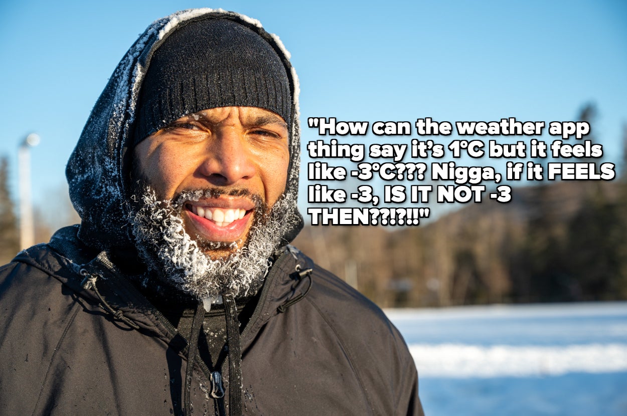 Man outside in winter, puzzled expression, beard frosted. Text questions why weather app says it's 1°C but feels like -3°C