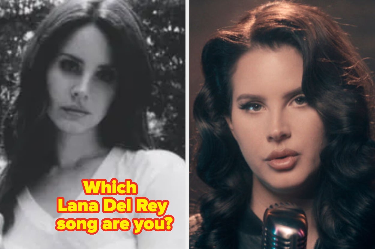 Split image of a woman with long hair, left shows casual pose; right shows singing into a vintage microphone. Text asks, "Which Lana Del Rey song are you?"
