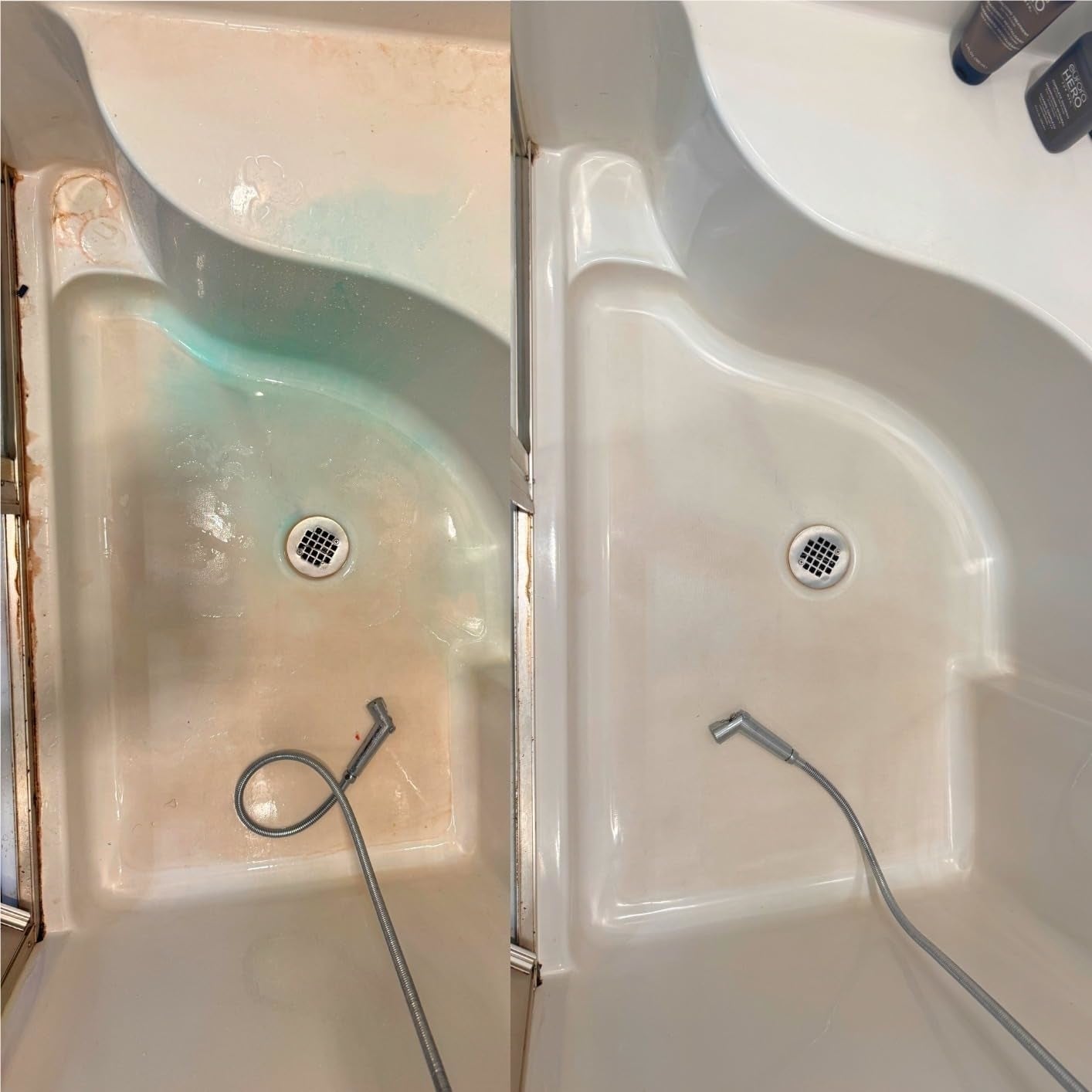 Shower before and after cleaning showing grime removal and improved cleanliness, highlighting cleaning product effectiveness