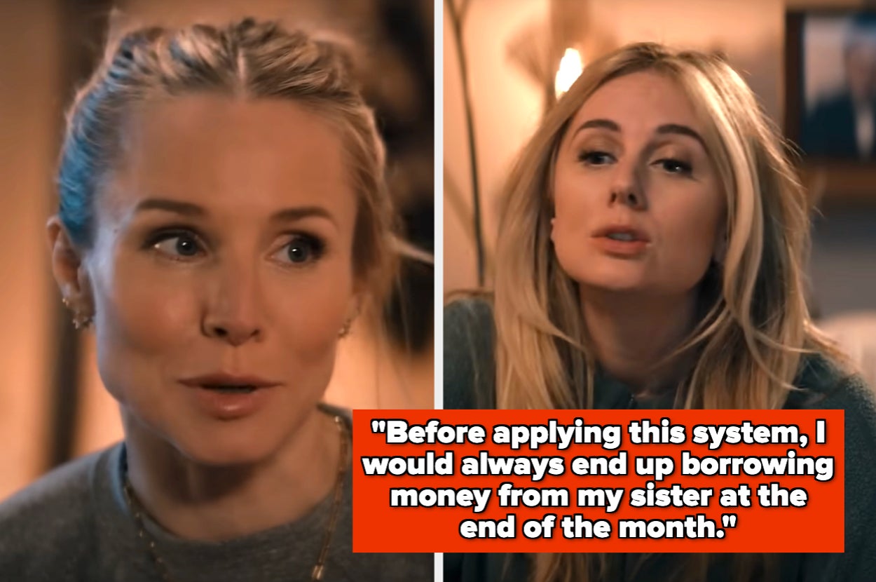 Two women in conversation. Text: "Before applying this system, I would always end up borrowing money from my sister at the end of the month."