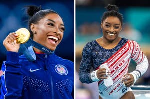 Gymnast smiling with gold medal and wearing sports jacket; in another image, smiling in a star-patterned leotard holding a water bottle