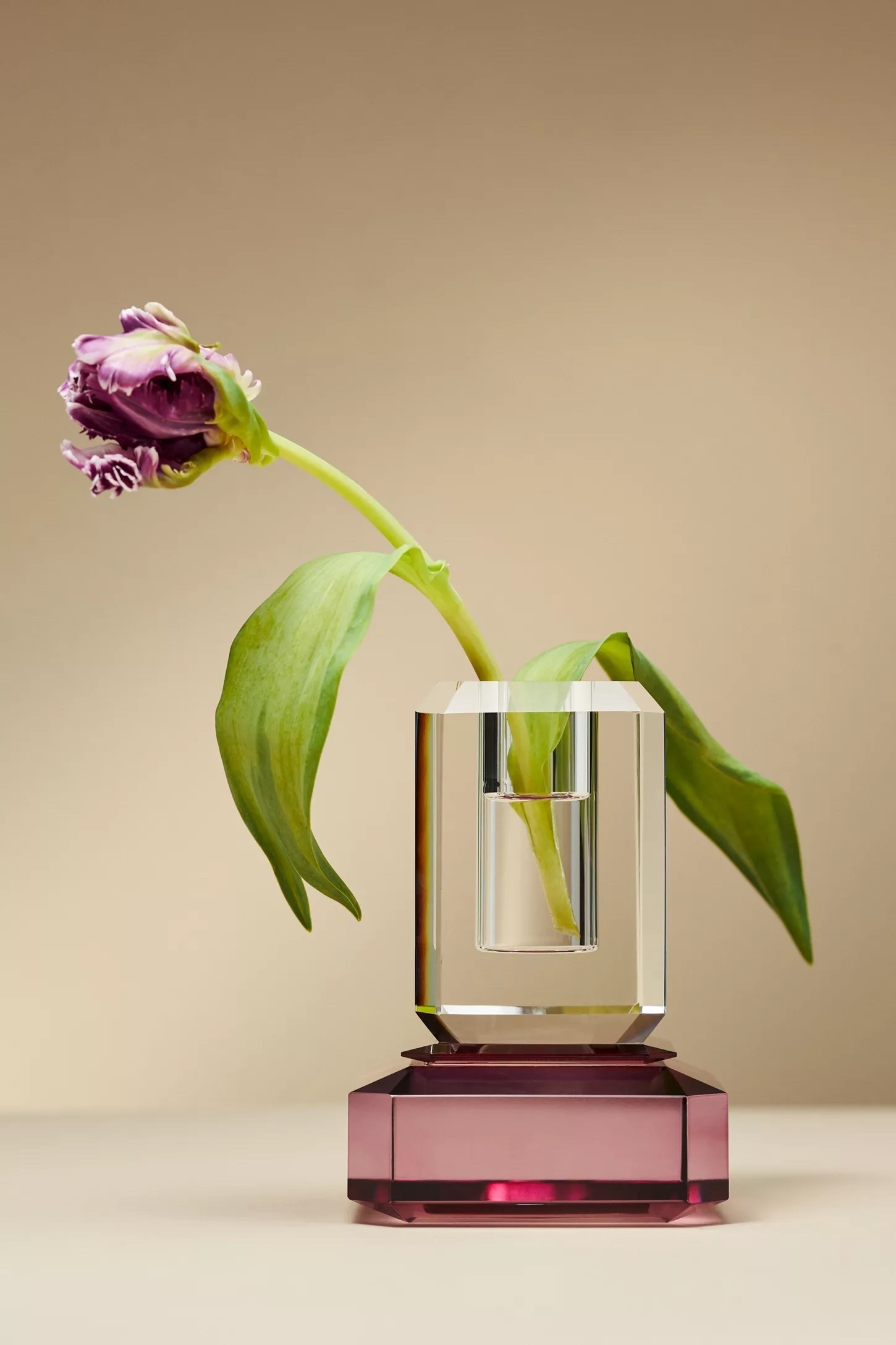 Ornate flower vase with geometric design holds a single tulip, showcased in a shopping article