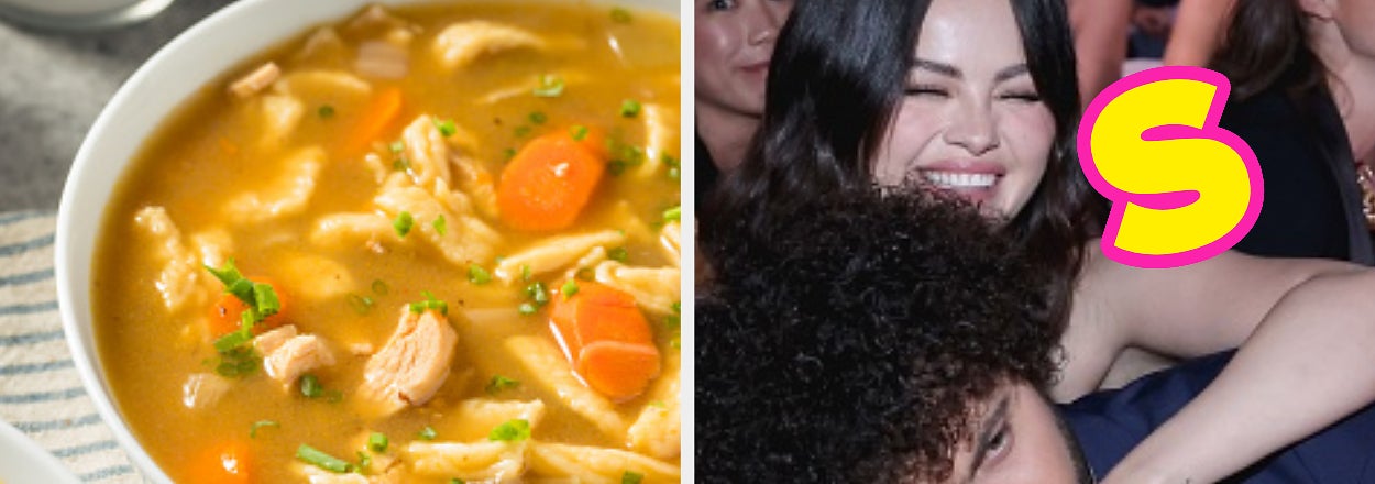 Bowl of chicken soup on the left; on the right, a person hugs another person playfully amidst a crowd