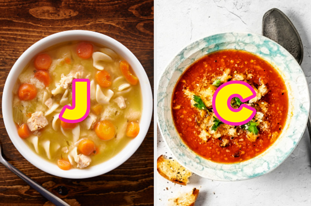 Two bowls of soup: chicken noodle with pasta and carrots, and tomato soup garnished with herbs and cheese. Large letters "J" and "C" are overlaid