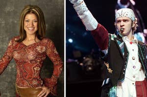 Two people: left, person wearing an intricately patterned top; right, person performing on stage with a microphone, wearing a bandana and detailed jacket