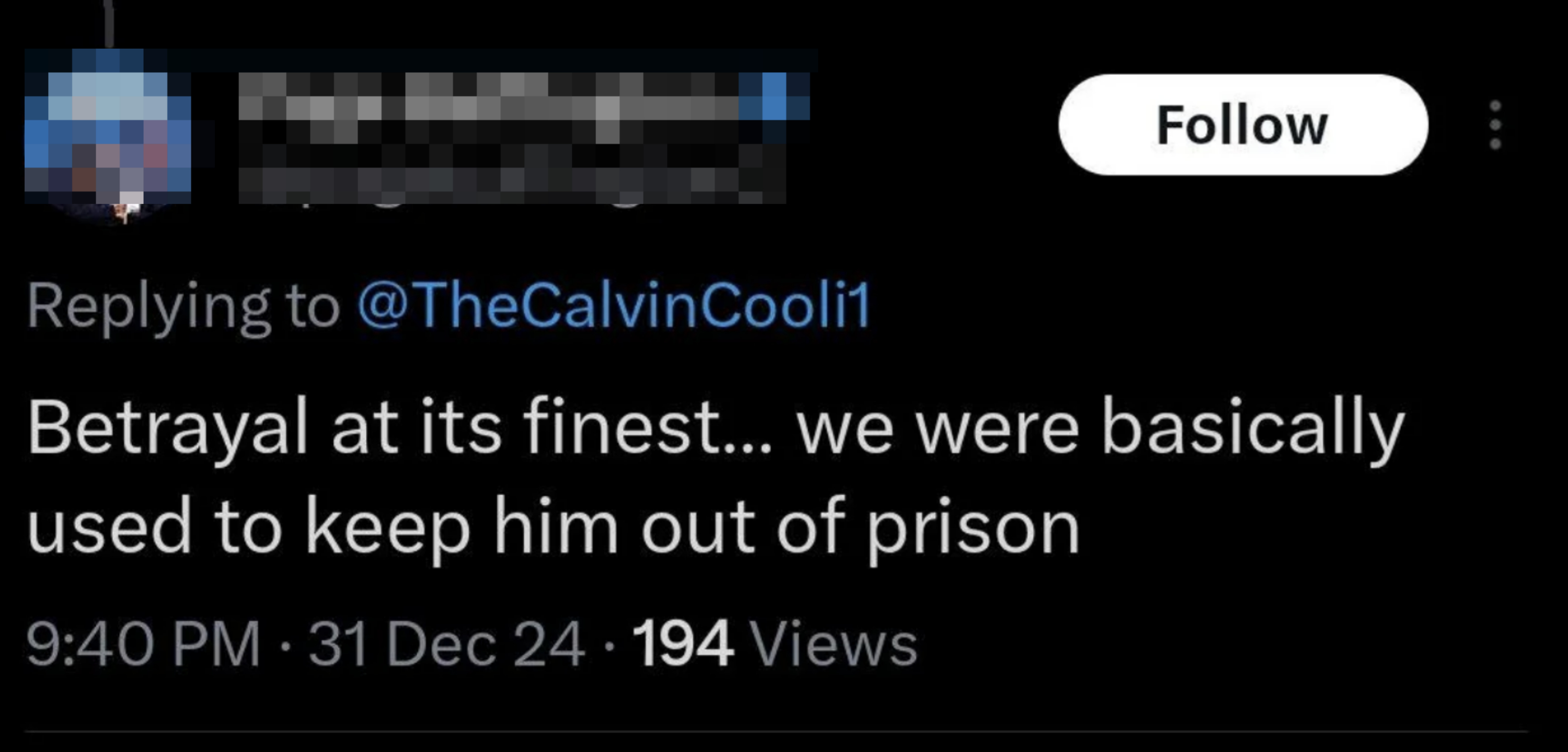 Tweet by Page Buffington: &quot;Betrayal at its finest... we were basically used to keep him out of prison.&quot; Dated Dec 24, 9:40 PM, 194 views