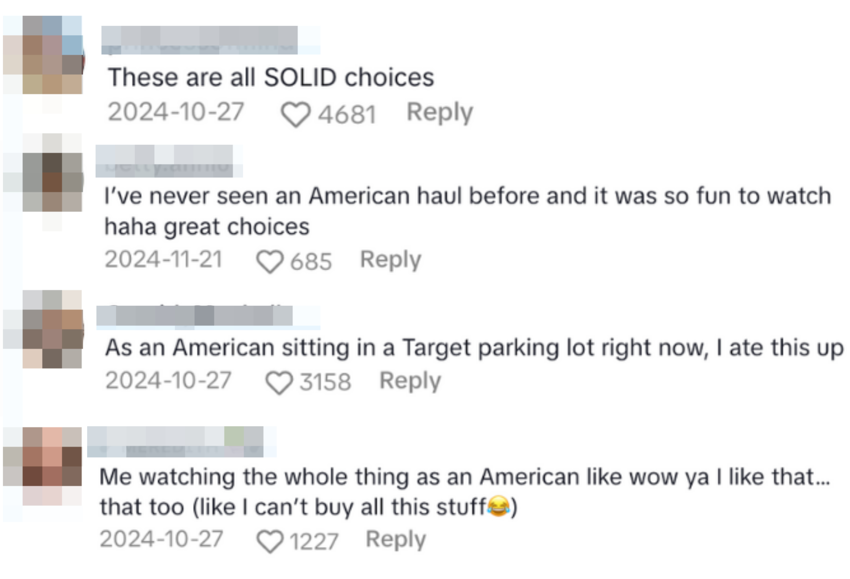 Social media comments discussing American consumer habits, praising “solid choices” and expressing surprise at watching an “American haul.”