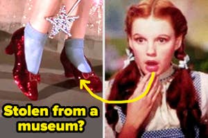 Iconic red slippers from "The Wizard of Oz" and a shocked character are shown. Text speculates if slippers were stolen from a museum