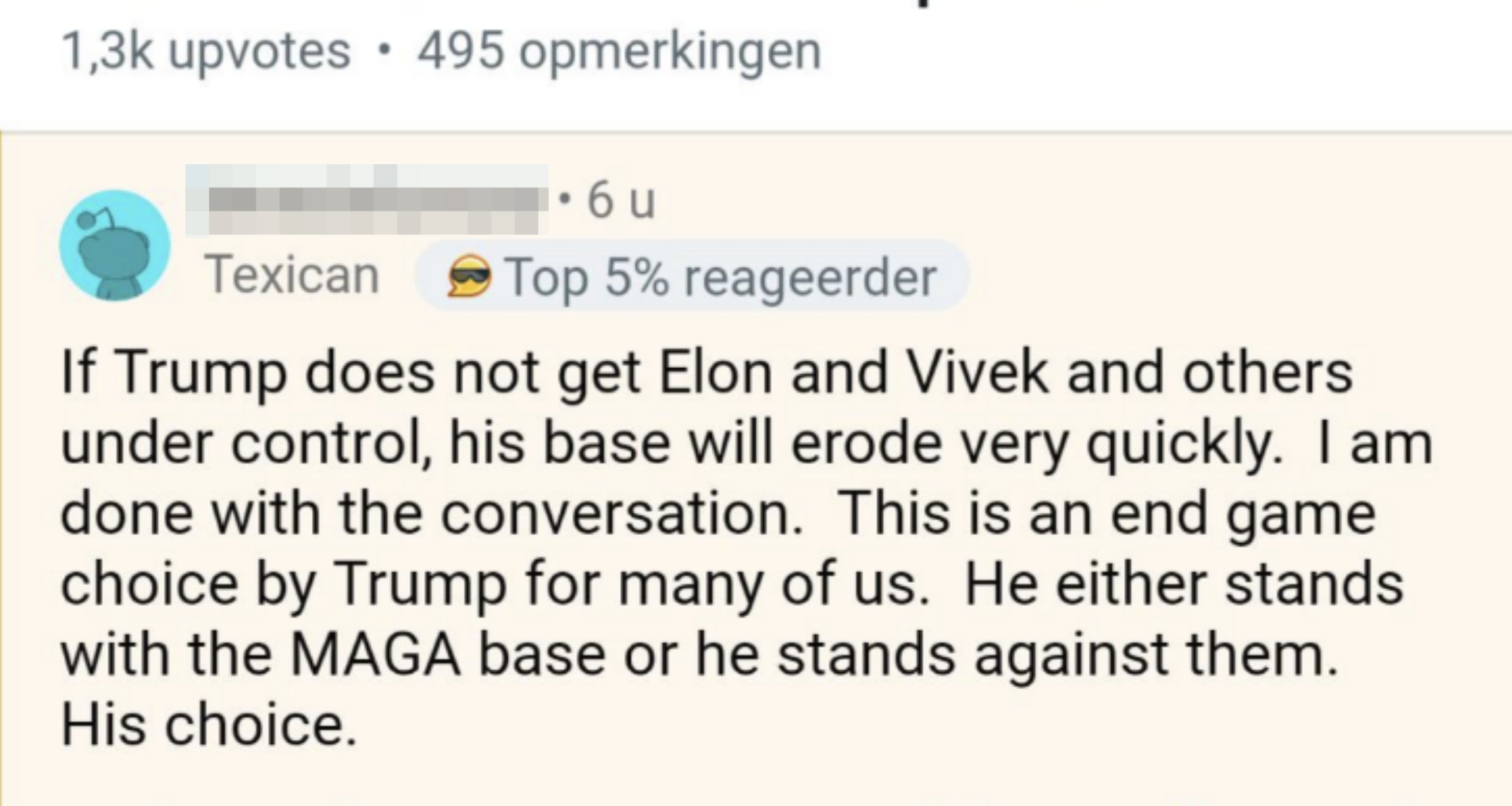 Reddit comment discussing Elon Musk and political choices, emphasizing that Trump&#x27;s decisions with key figures will impact his support