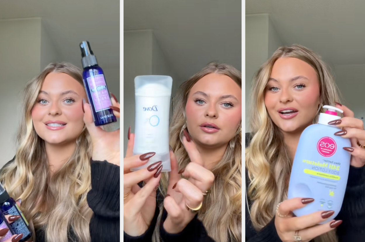 Person holds and showcases haircare and skincare products, smiling at the camera, possibly discussing self-care routines or product reviews