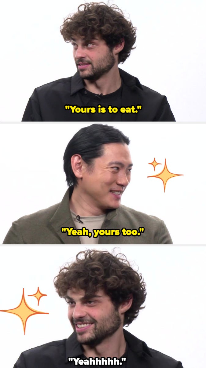 Three people are speaking, each saying "Yours is to eat" or similar, with added sparkle graphics