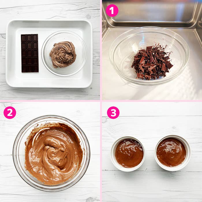 電子レンジで作るチョコレートムースのステップ。1. 溶かしたチョコ、2. 混ぜ合わせたムース、3. 容器に入れる。