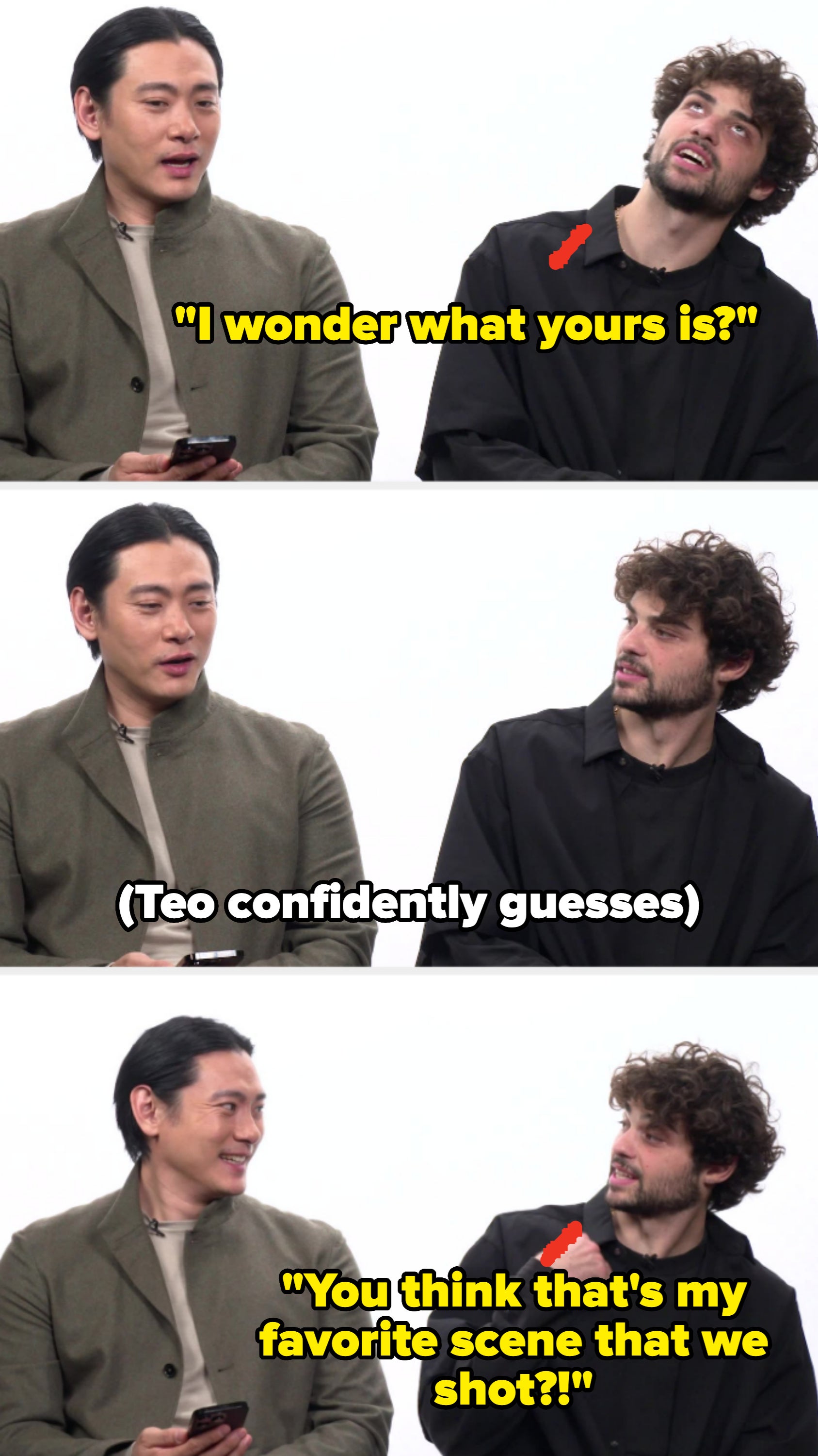 Two people in a conversation. First person wonders about something; the second person guesses confidently. The first person questions the guess