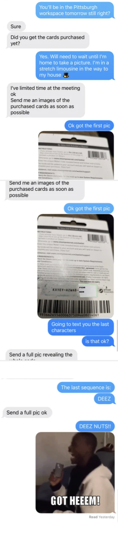 A text conversation ends with an image of someone jokingly shouting "Deez Nuts!"