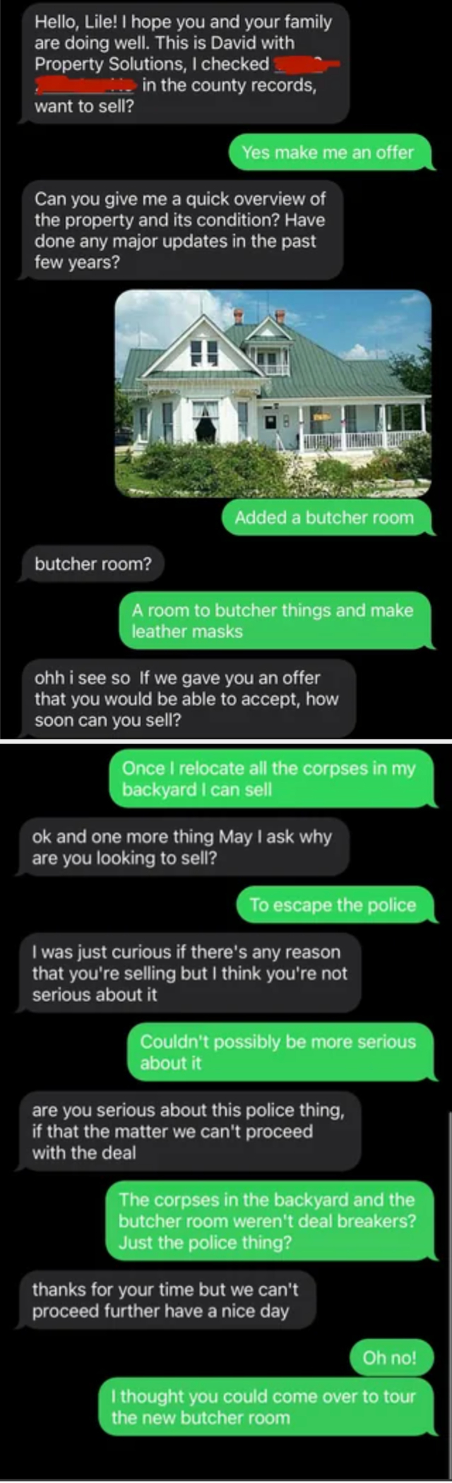Text conversation about selling a property, mentioning a new butcher room and jokingly discussing corpses, police escape, and needing a proper room