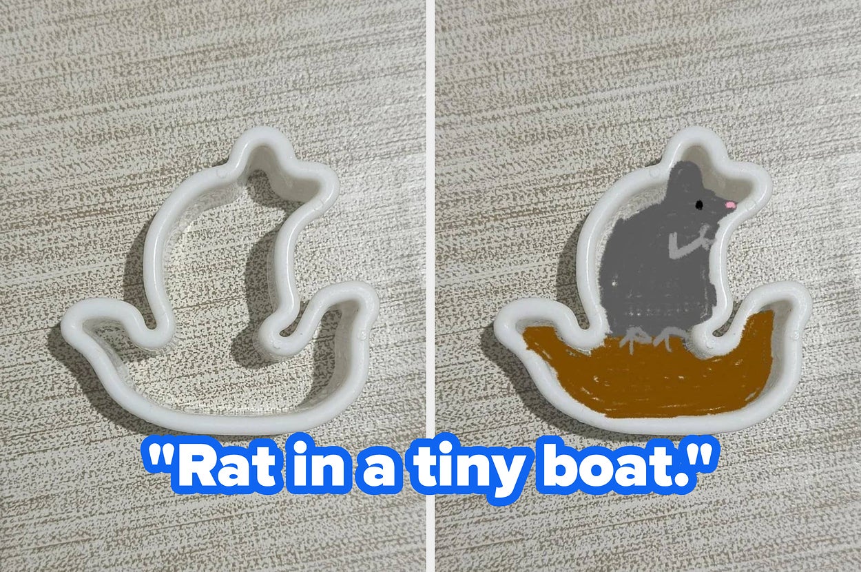 Cookie cutter shaped like a rat in a boat; cookie with icing decoration looks like a question mark