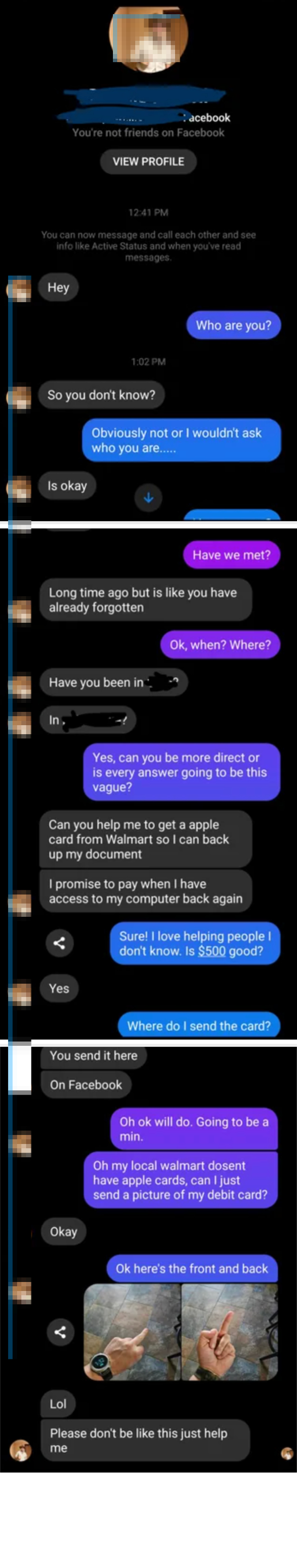 Conversation involving a scam attempt asking for a Facebook login code, with the victim suspicious but reluctantly participating