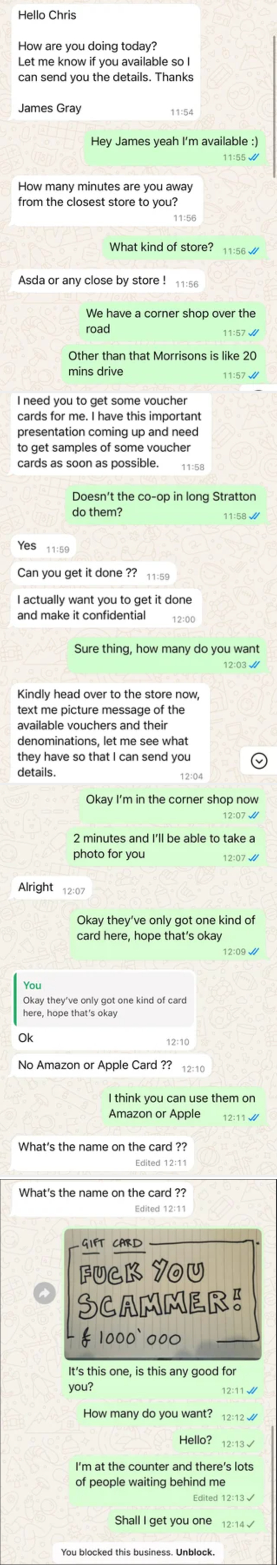 Chat exchange discussing a store's location and stock of gift cards; ends with calling a person a scammer