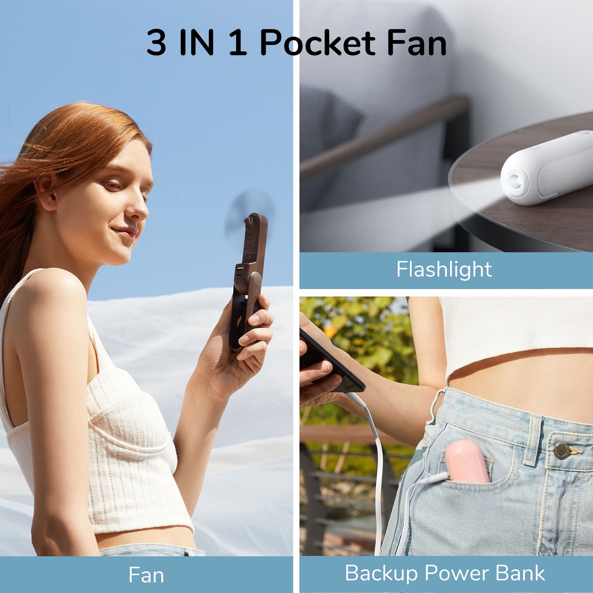 Collage of a 3-in-1 pouch  fan, featuring a portable fan, flashlight, and backup powerfulness  bank. Images amusement   the merchandise  successful  usage  and its compact design
