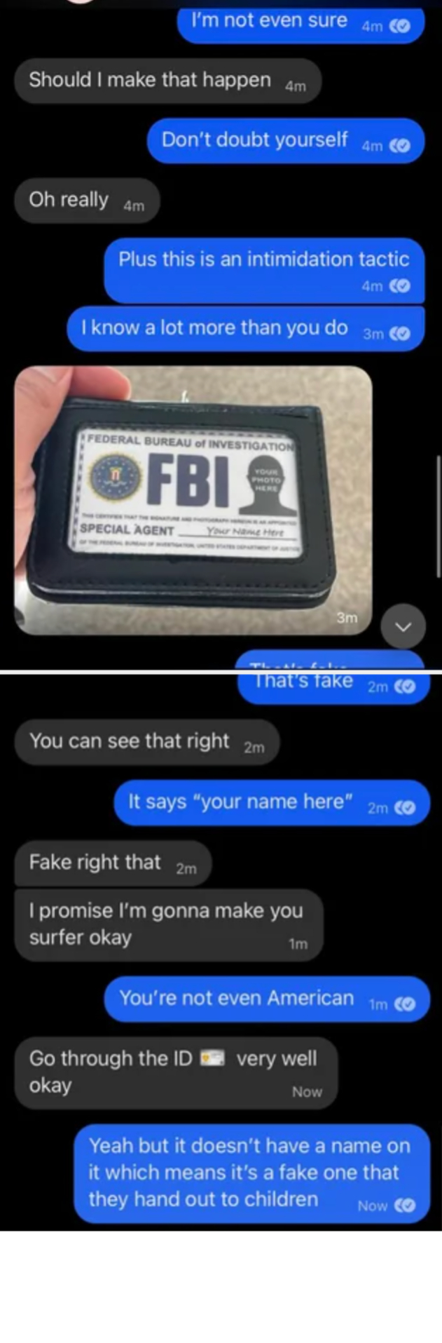 Text conversation about a fake FBI badge. One person questions its authenticity, and they discuss its lack of a name, suggesting it's a fake one for children