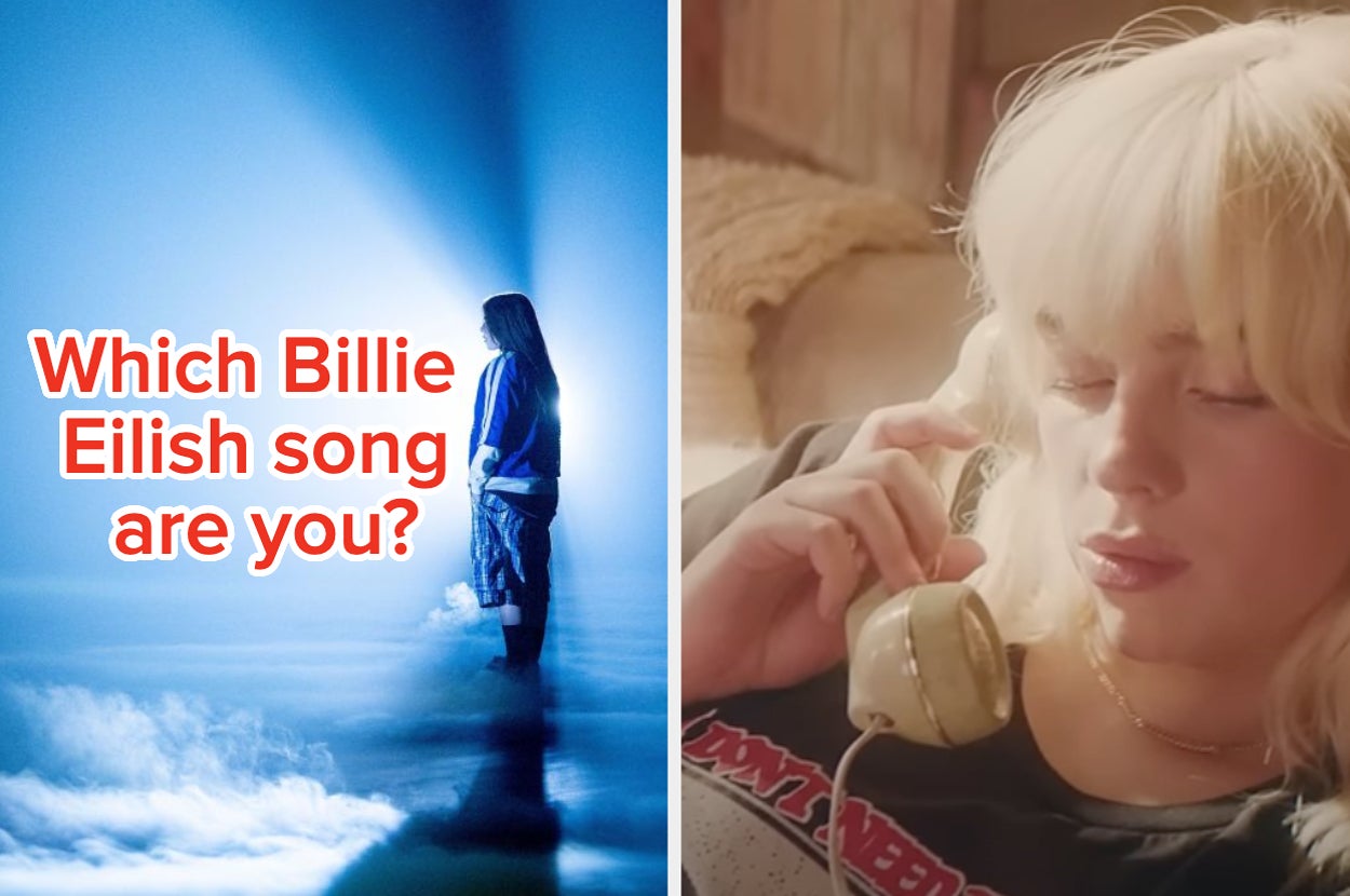 Quiz titled "Which Billie Eilish song are you?" with an image of Billie Eilish holding a phone