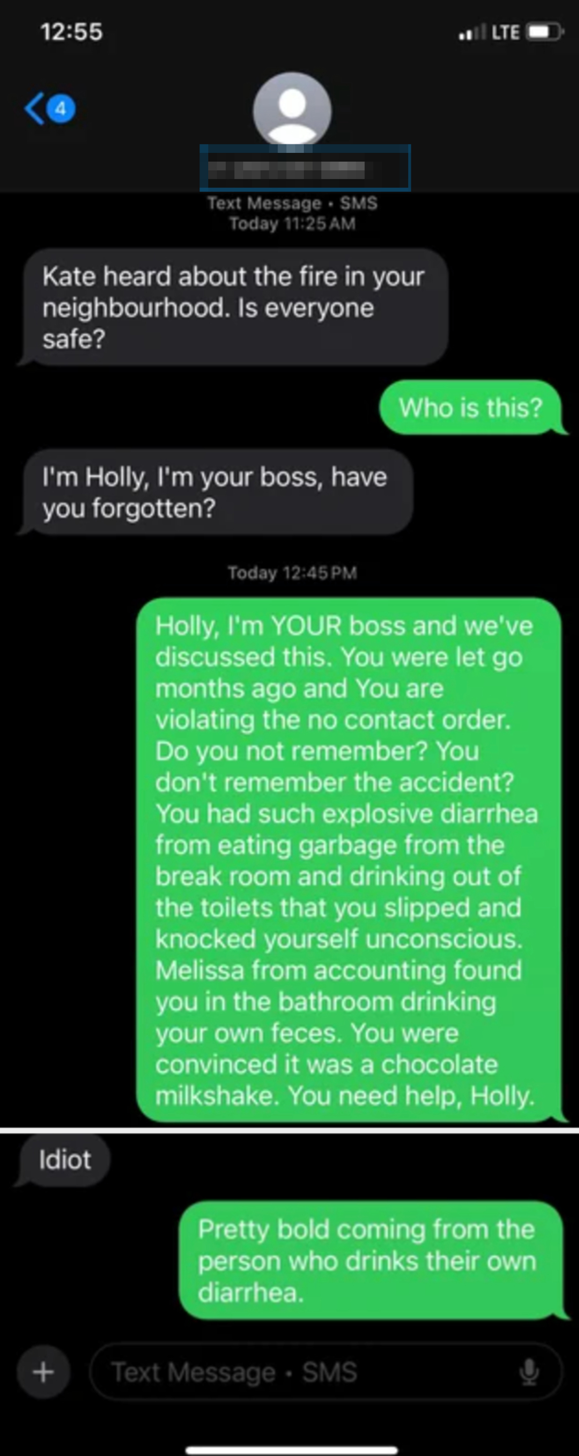 Text exchange: One person claims to be Holly's boss, accusing them of workplace incidents involving garbage, toilets, and an accident