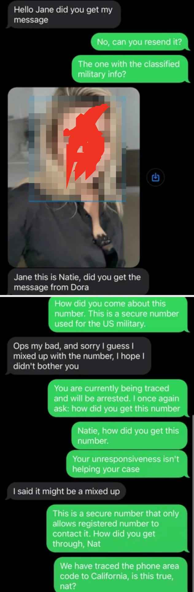 A text exchange where Jane is questioned about classified military information and her unresponsiveness leads to a tracing of her number