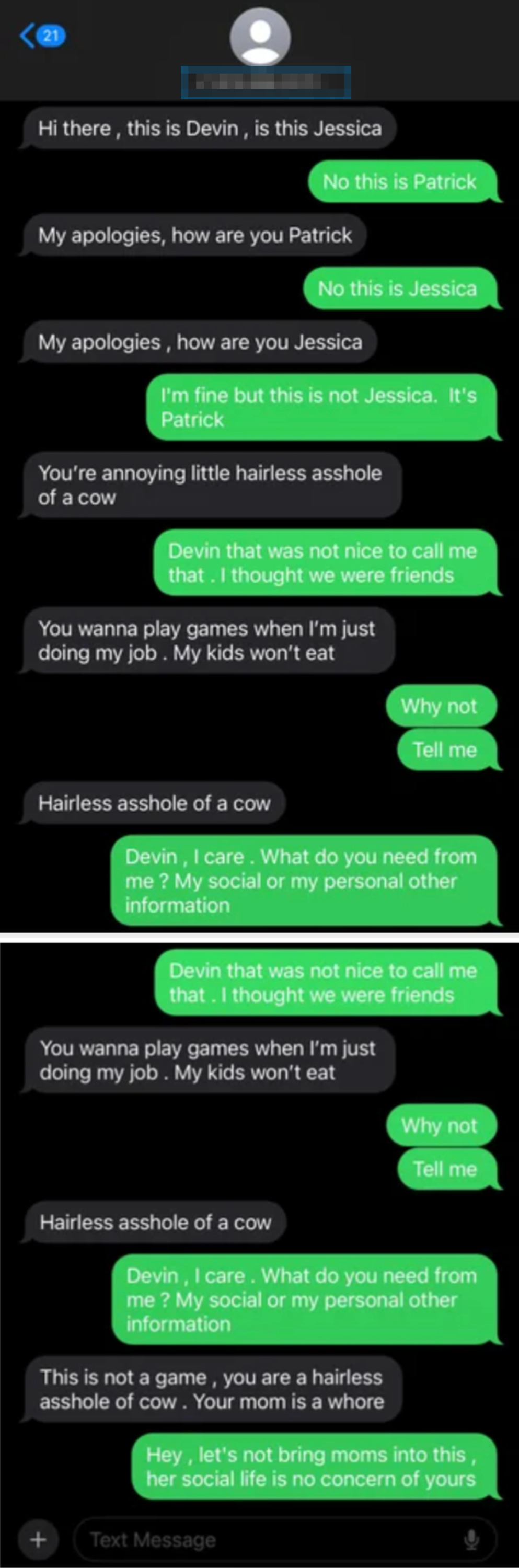 Text conversation with tension, involving personal disputes and accusations about sharing personal information and work-related issues