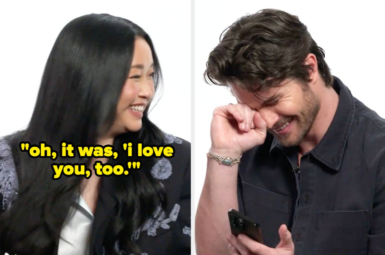 Lana Condor and Chase Stokes people smiling and reacting warmly to something on a phone. Text overlay reads, "oh, it was, 'i love you, too.'"