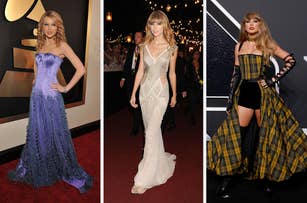 Three photos of Taylor Swift at red carpet events: one in a purple gown, another in a shimmering dress, and the last in a plaid outfit with black shorts