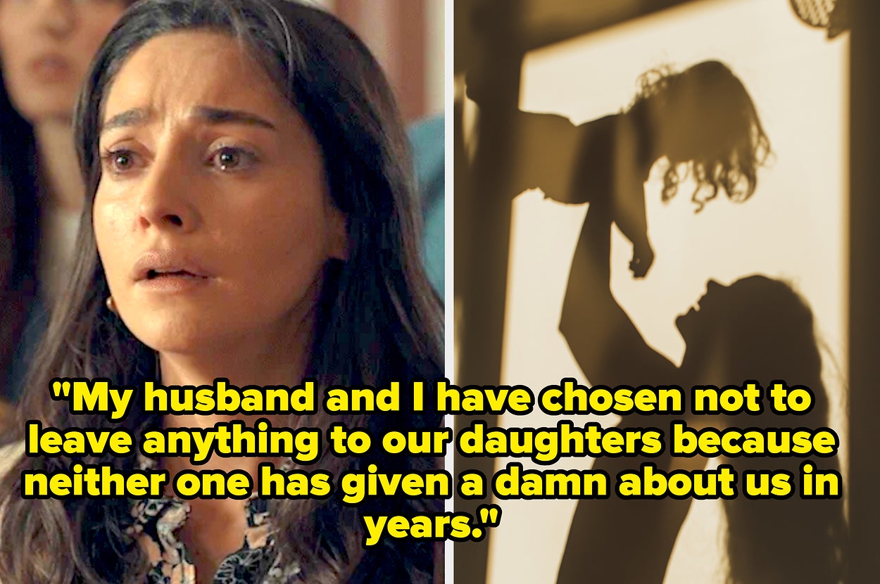 sad woman and shadow of mom holding child captioned "My husband and I have chosen not to leave anything to our daughters because neither one has given a damn about us in years"