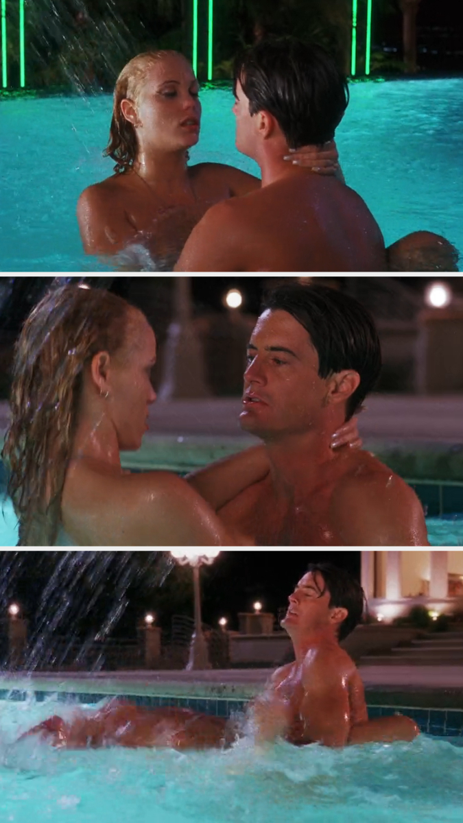 Two people in a swimming pool, embracing in a series of scenes from a movie, with water splashing around them