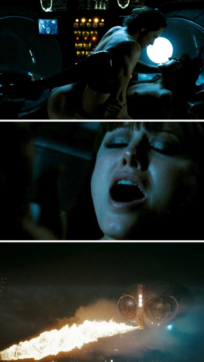 a couple in an intimate moment; close-up of a woman's face in distress; a futuristic vehicle emitting flames