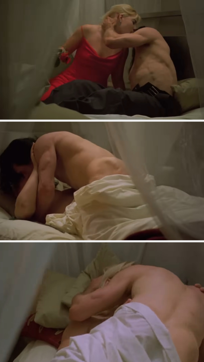 A suggestive collage of intimate scenes between a couple, partially under sheets